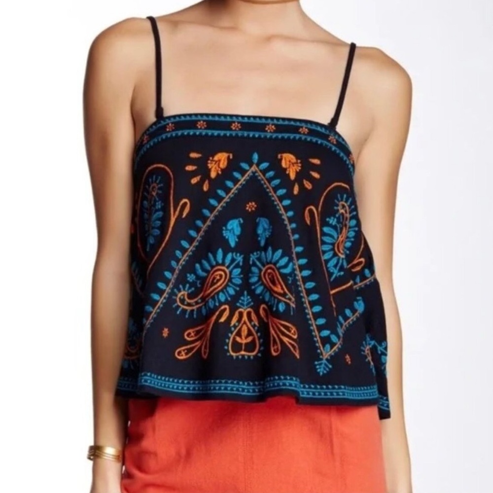Free People Flirt Alert Tank Top Tube Camisole Black Embroidered